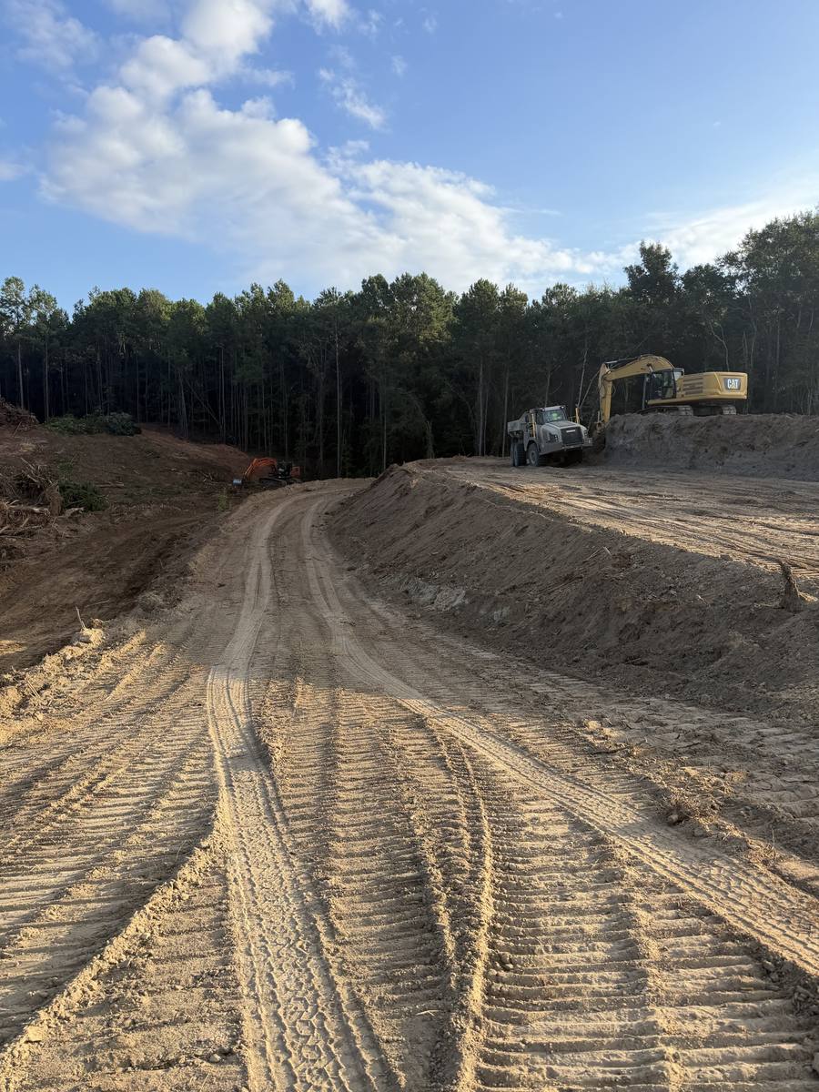 Dozer and excavator cutting a new road through the pines